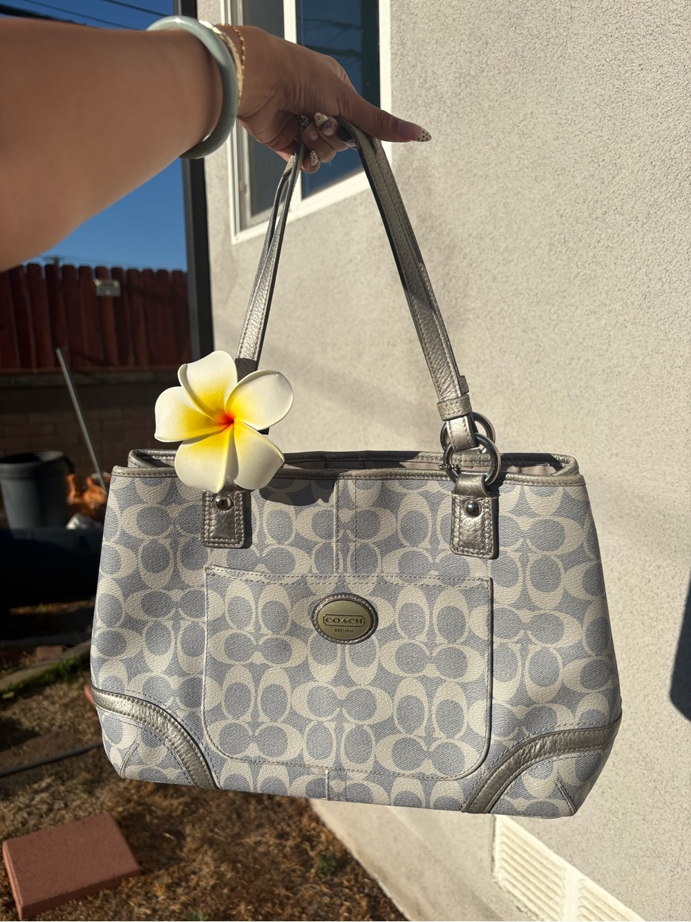 Coach Signature Shoulder Tote in Silver and Gray